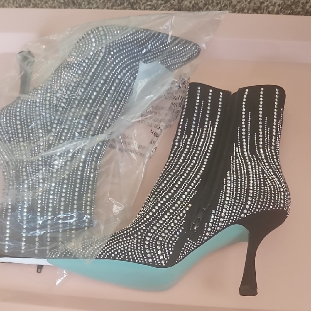 Black and White Rhinestone Ankle Boots